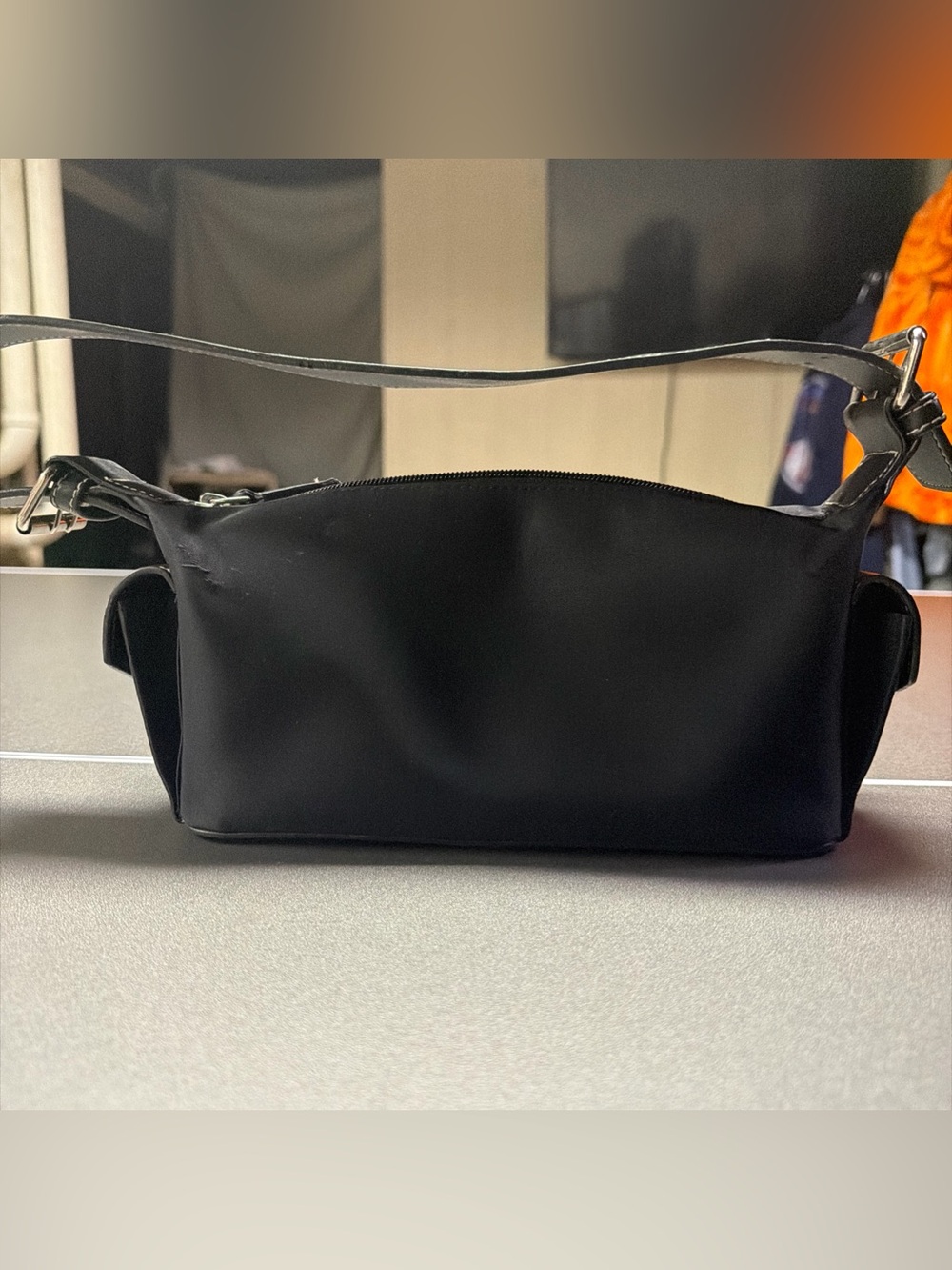 Prada Black Shoulder Bag Logo Accent Zip Closure Silver Hardware Side Pockets - Picture 2 of 8